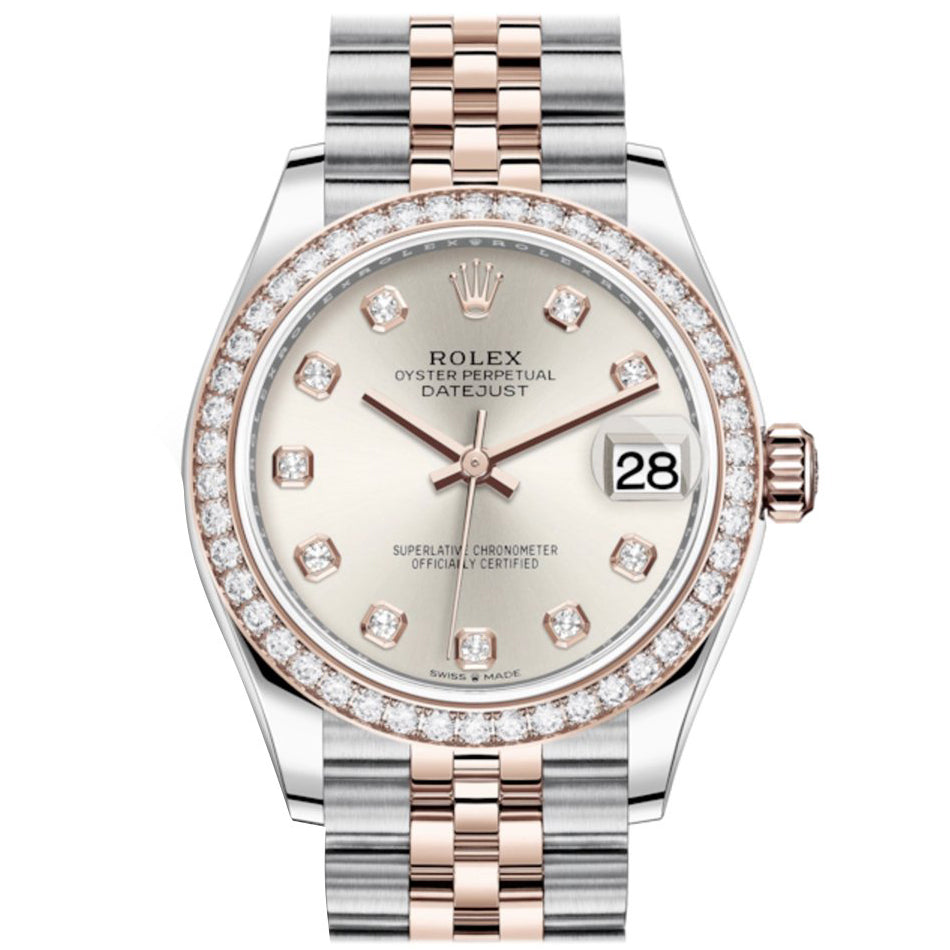 Rolex Datejust 31 Silver Diamonds Dial Diamond Bezel Rose Gold Two Tone Jubilee Watch 278381RBR 278381