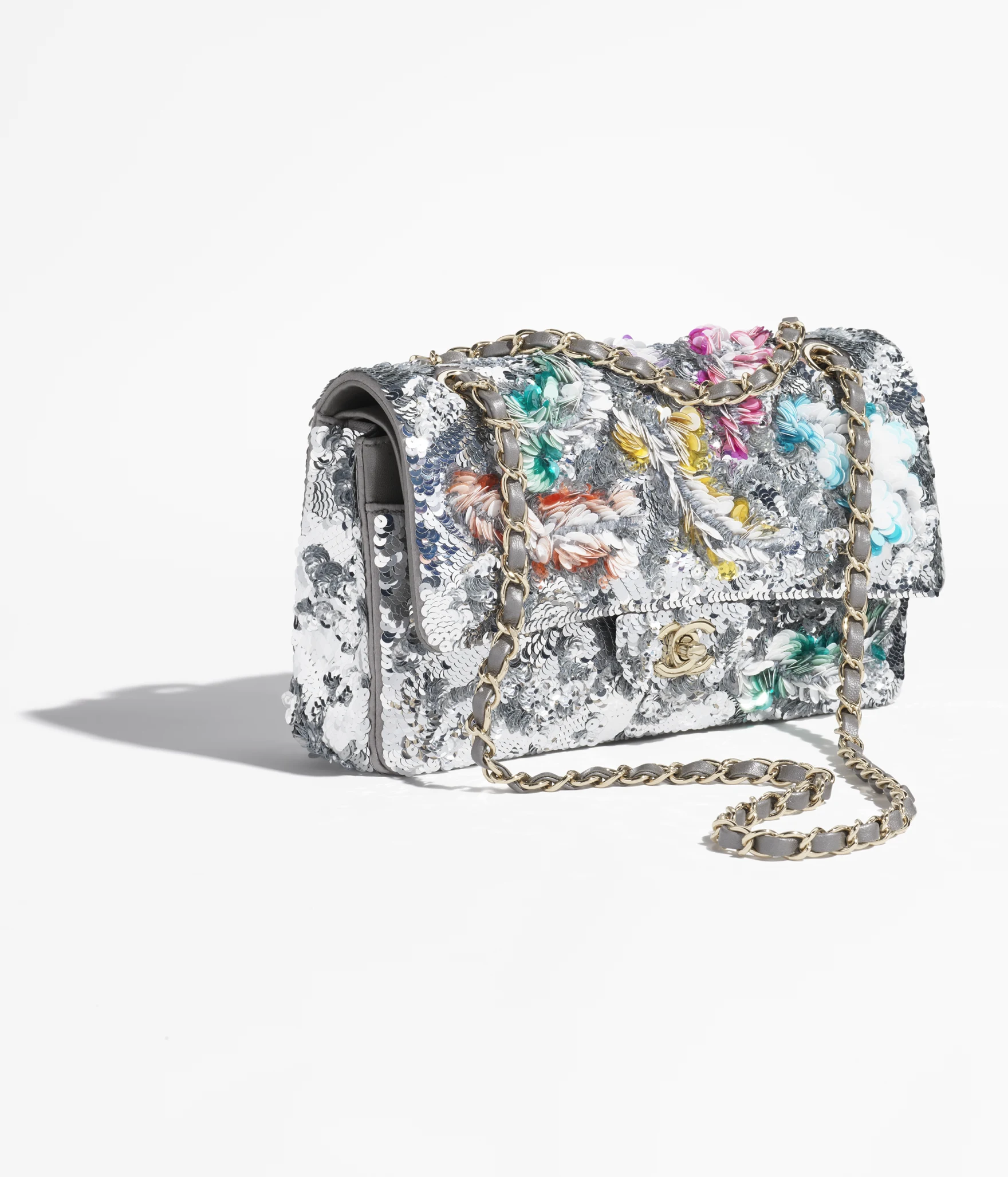 Classic 11.12 Handbag Embroidered Satin, Sequins, Glass Pearls & Silver-Tone Metal Silver & Multicolor