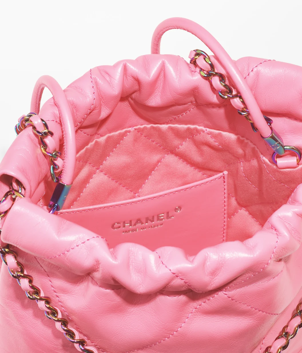 CHANEL 22 Mini Handbag Shiny Calfskin & Rainbow Metal Coral Pink