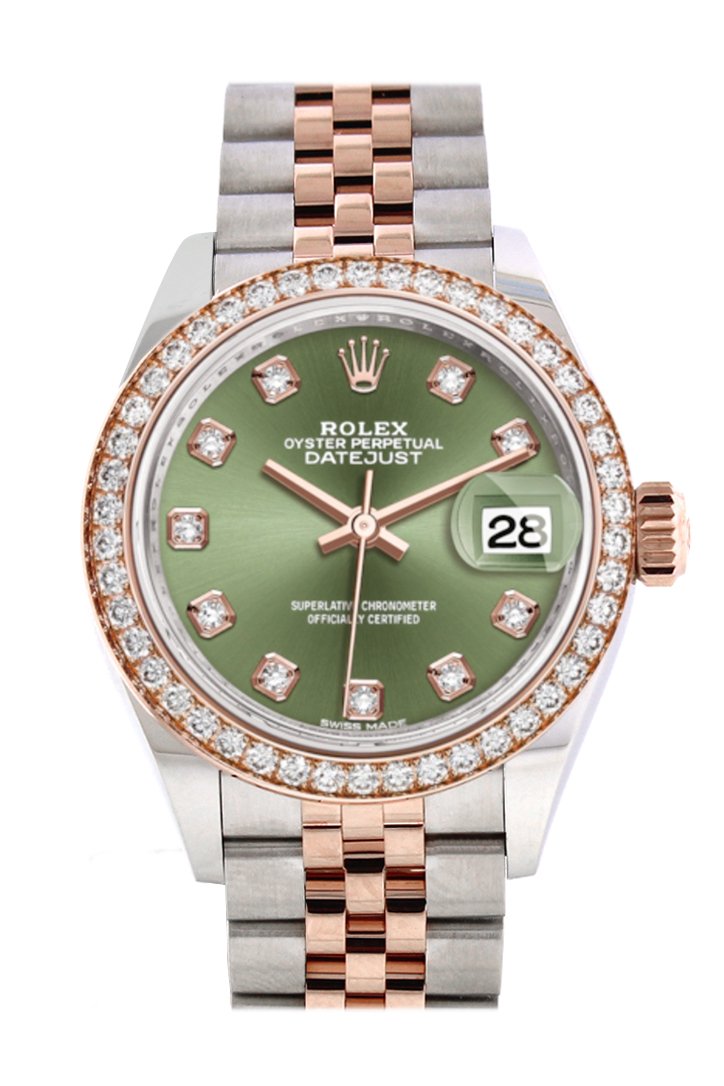 Rolex Datejust 28 Olive Green Diamonds Dial Diamond Bezel Rose Gold Jubilee Two Tone Watch 279381RBR 279381