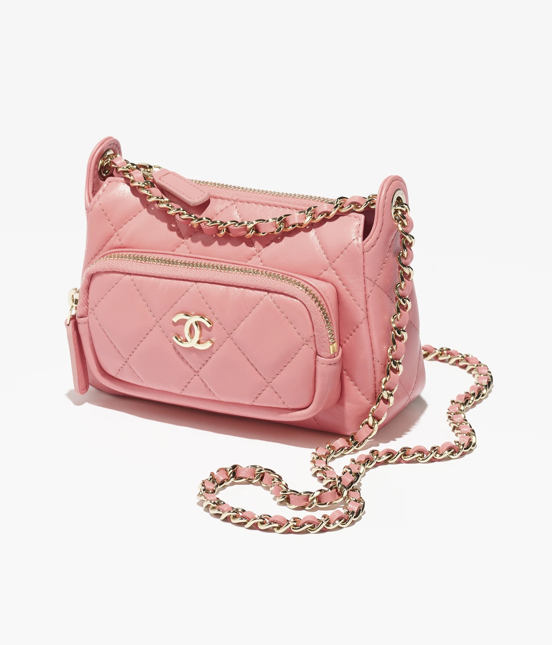 CLUTCH WITH CHAIN Shiny Crumpled Lambskin & Gold-Tone Metal Light Pink