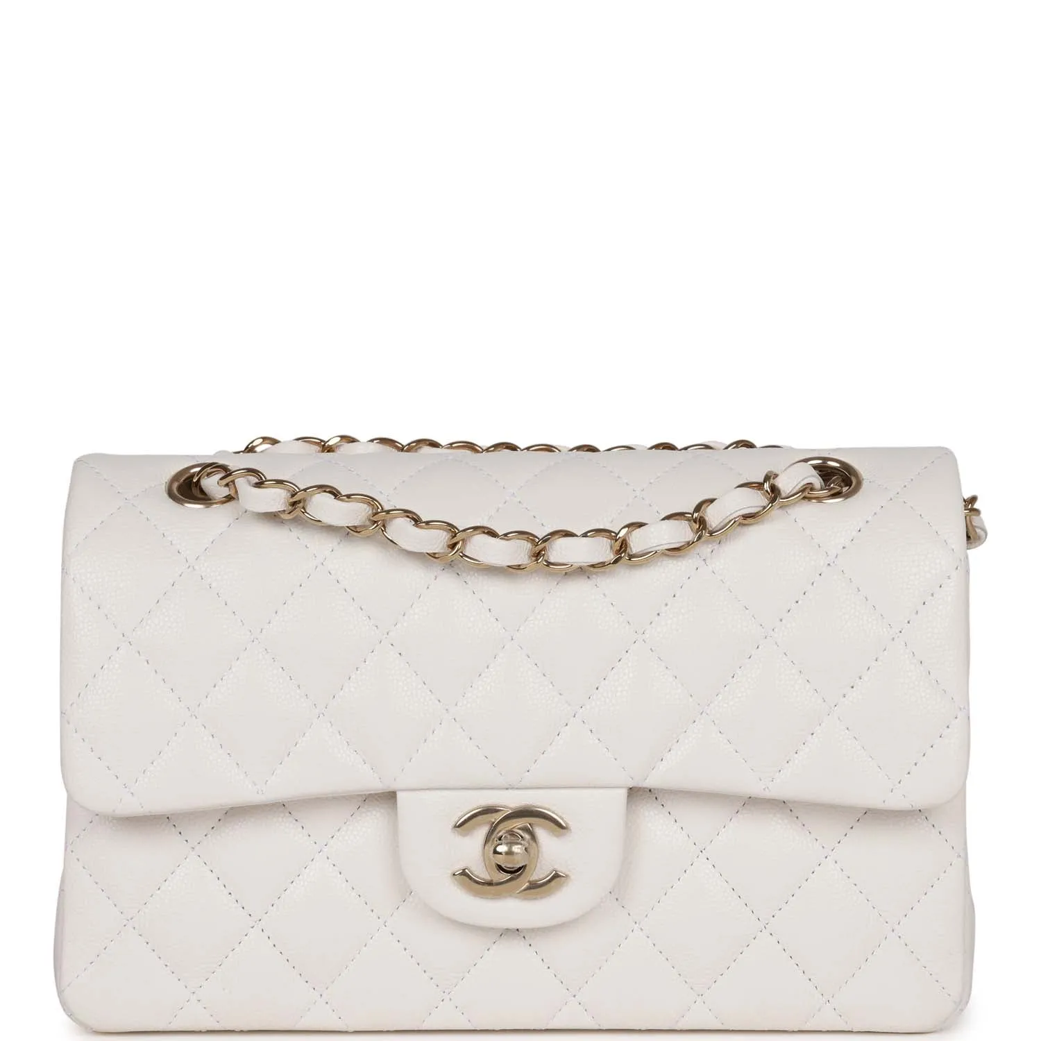 Small Classic Double Flap Bag White Caviar Light Gold Hardware