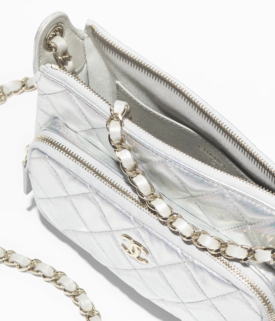 CLUTCH WITH CHAIN Iridescent Metallic Lambskin & Gold-Tone Metal Silver