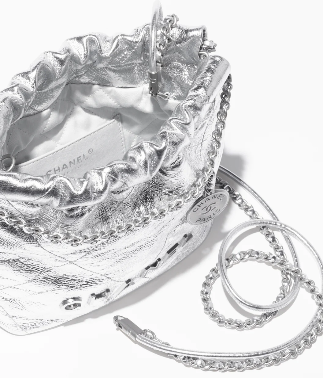 CHANEL 22 Mini Handbag Metallic Calfskin & Silver-Tone Metal Silver