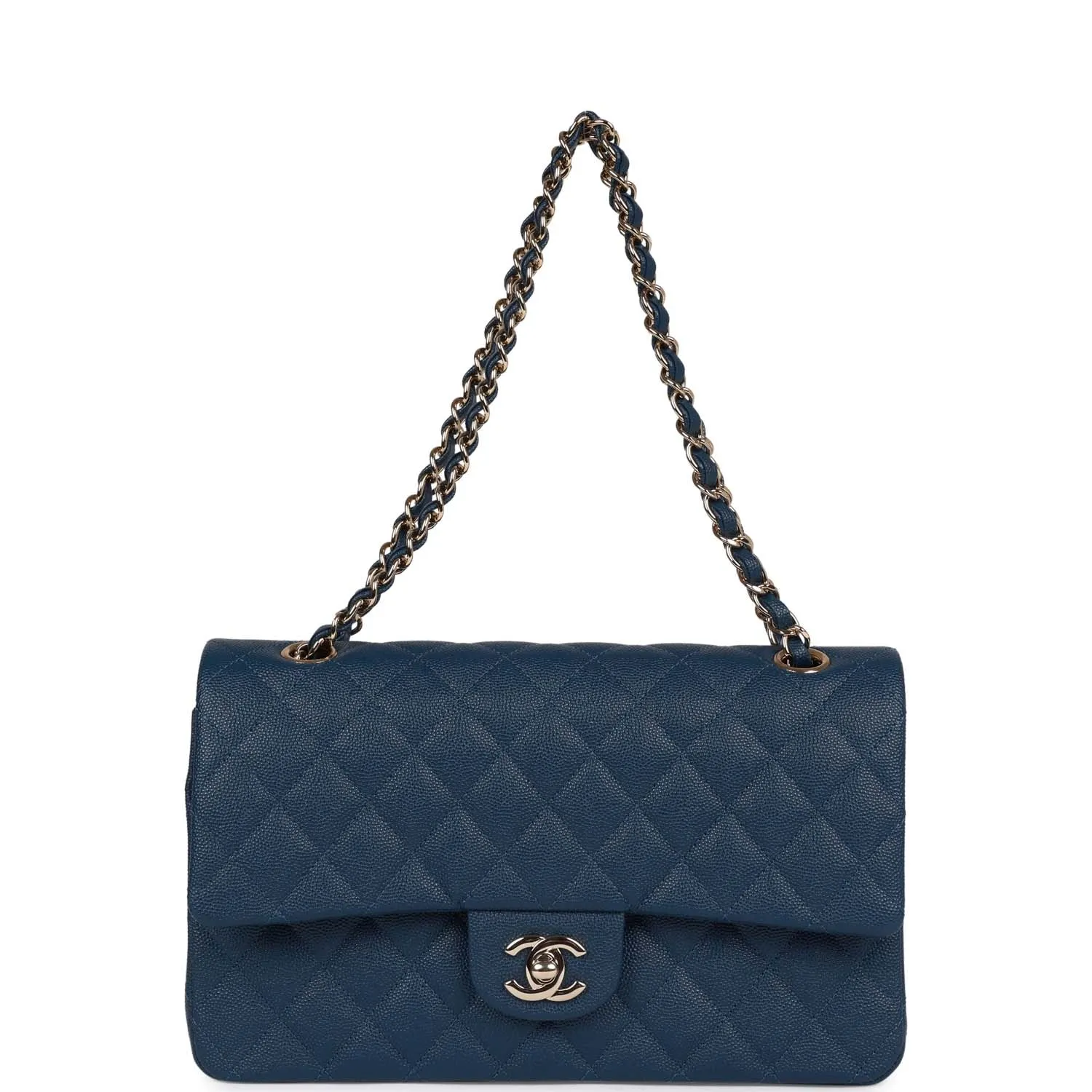 Medium Classic Double Flap Bag Blue Caviar Light Gold Hardware