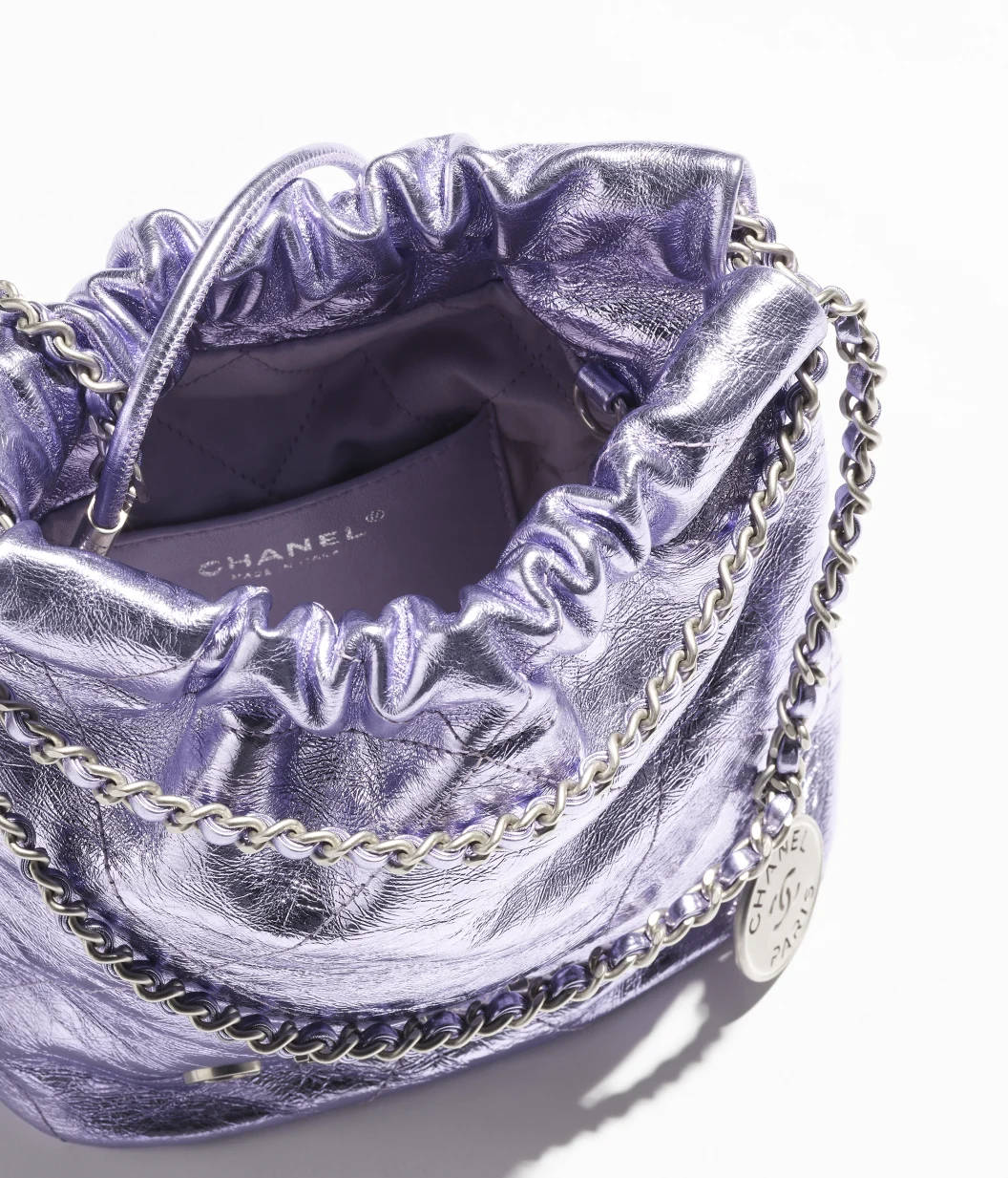 CHANEL 22 Mini Handbag Metallic Calfskin & Silver-Tone Metal Lilac
