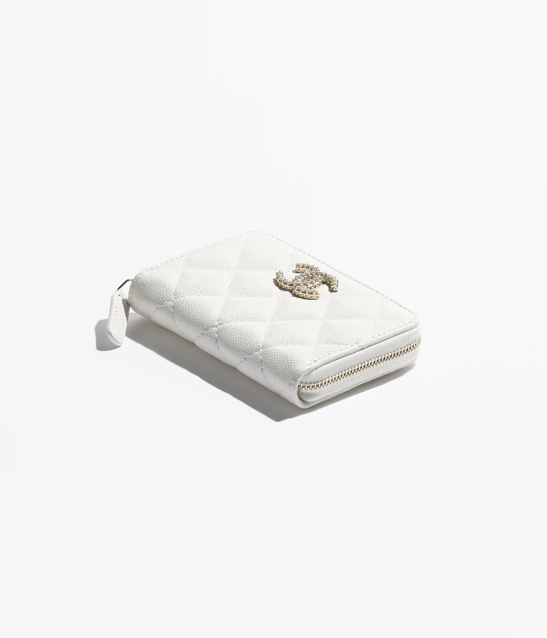 ZIPPED COIN PURSE Shiny Grained Calfskin, Strass & Gold-Tone Metal White