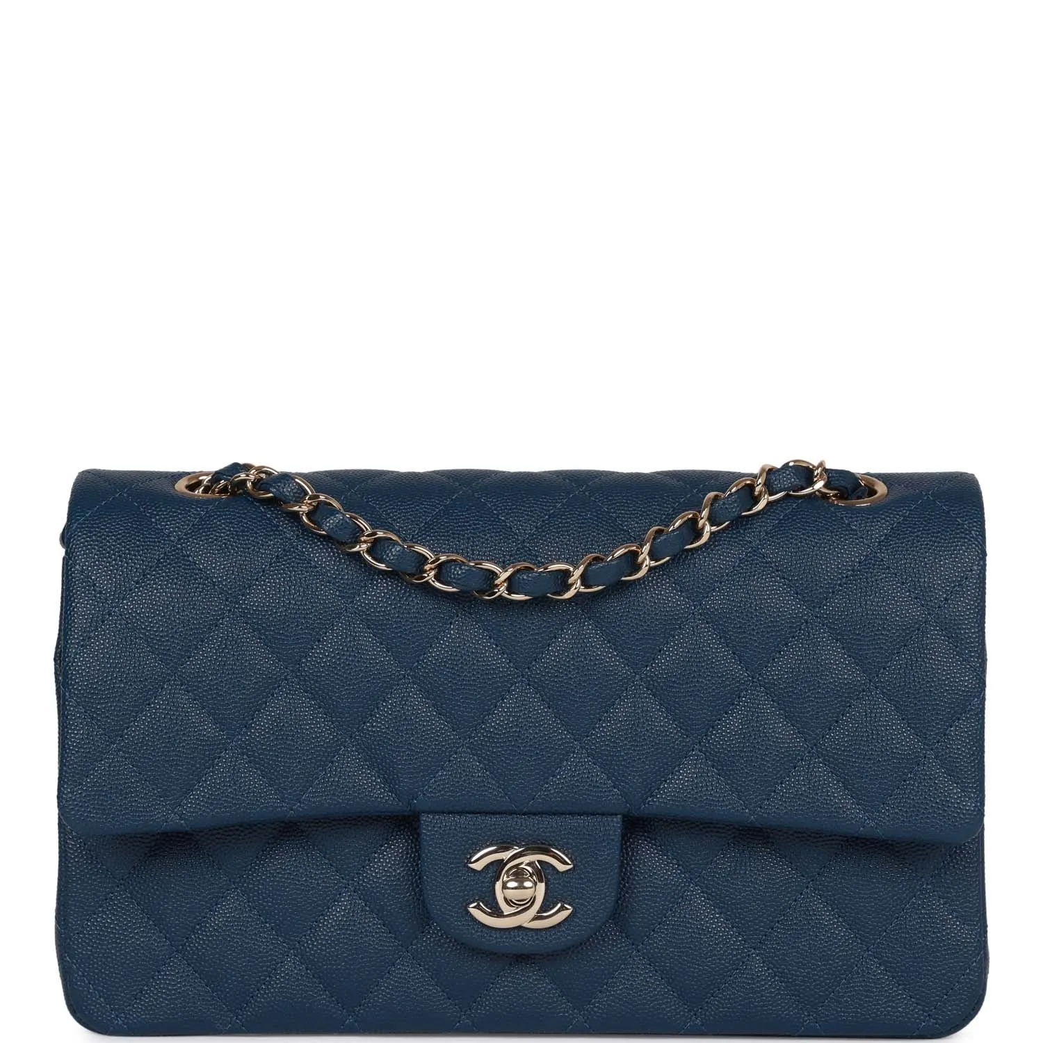 Medium Classic Double Flap Bag Blue Caviar Light Gold Hardware
