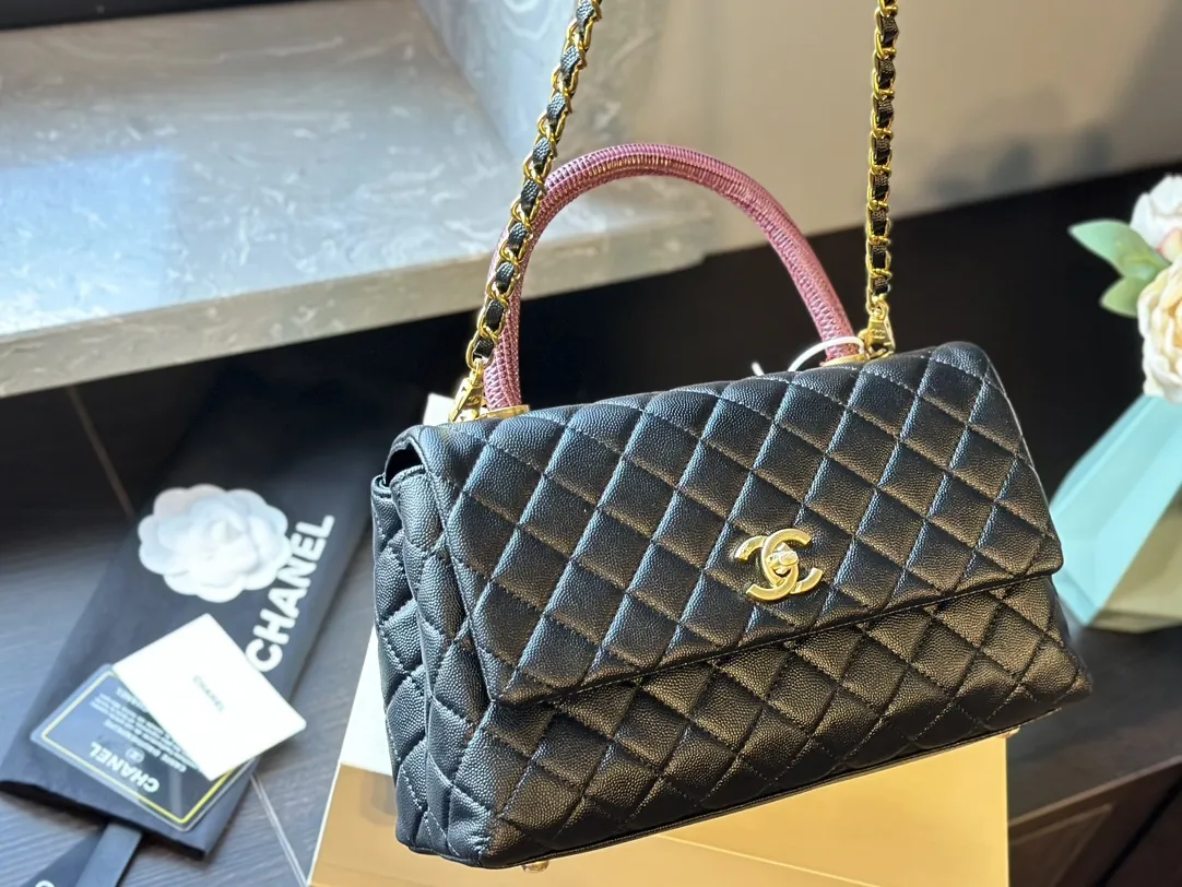 Caviar Lizard Embossed Quilted Small Coco Handle Flap