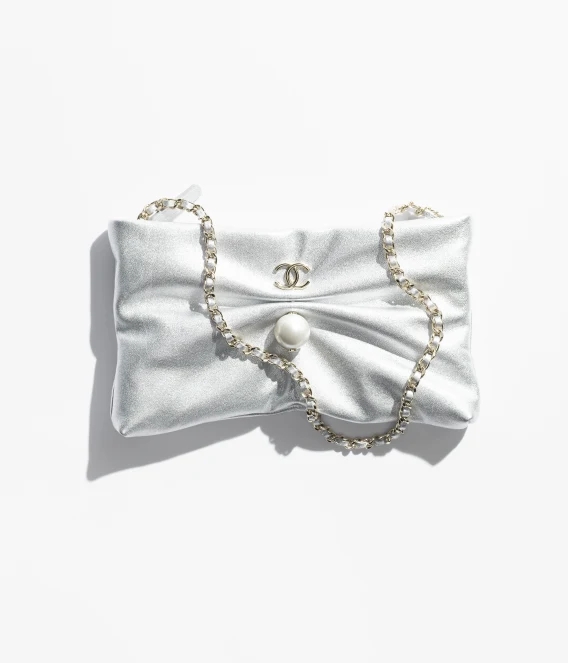 CLUTCH WITH CHAIN Metallic Lambskin, Imitation Pearl & Gold-Tone Metal Silver