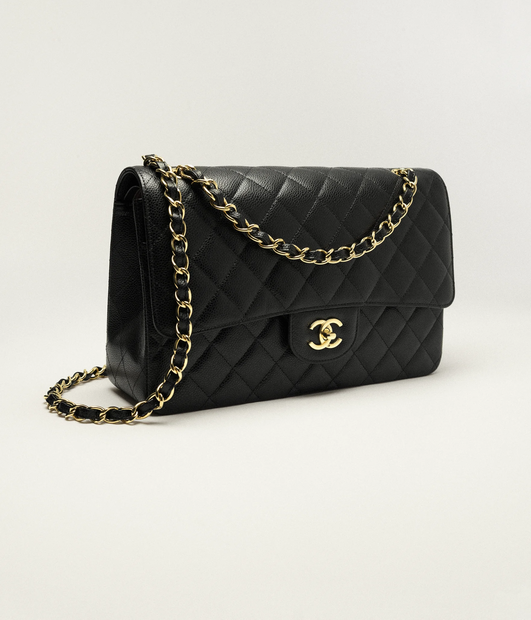 Large Classic Handbag Grained Calfskin & Gold-Tone Metal Black