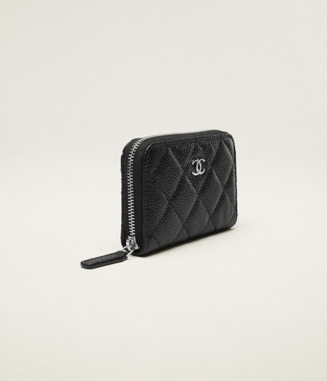 Classic Zipped Coin Purse Grained Calfskin & Silver-Tone Metal Black