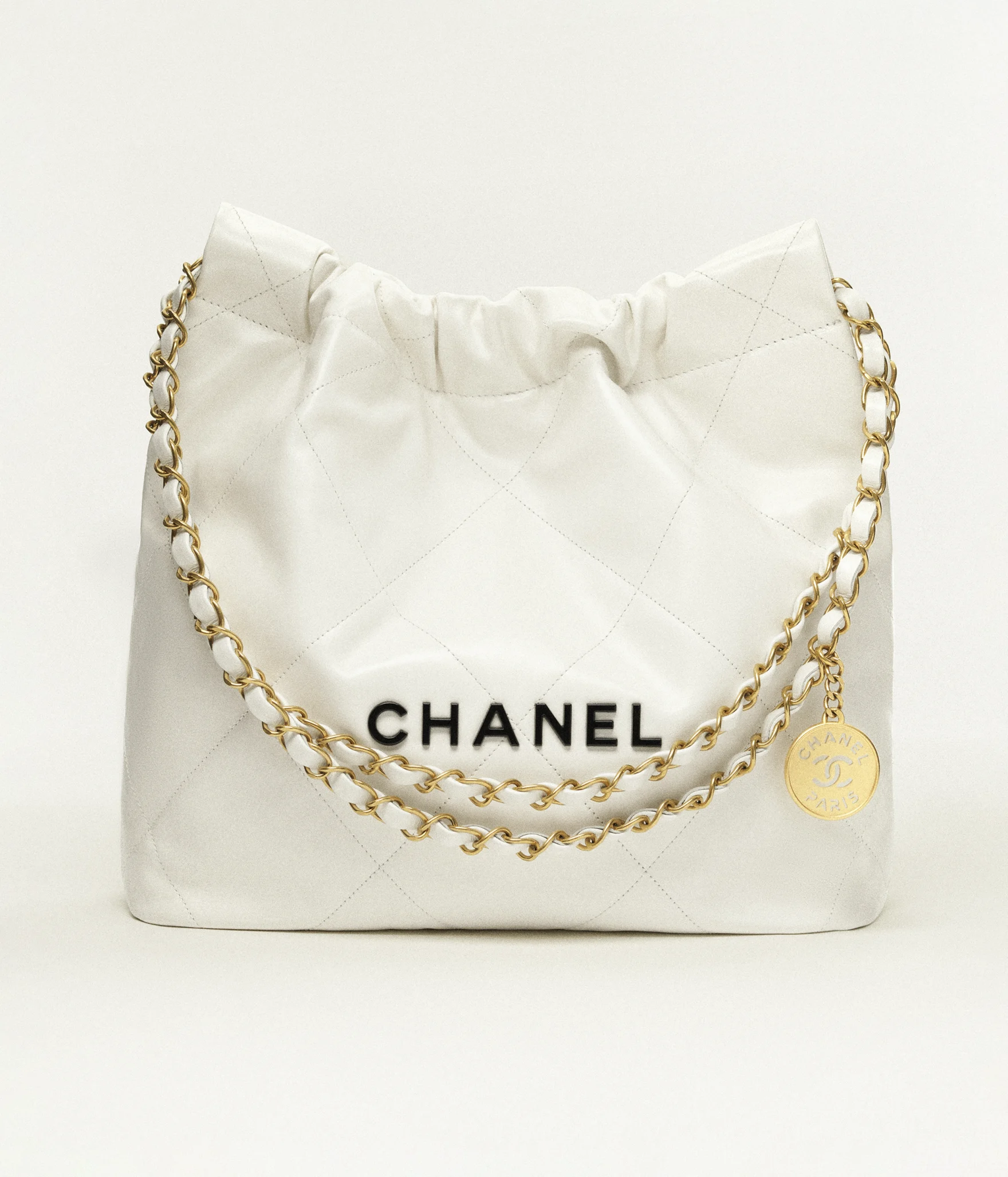CHANEL 22 Small Handbag Calfskin, Gold-Tone & Lacquered Metal White