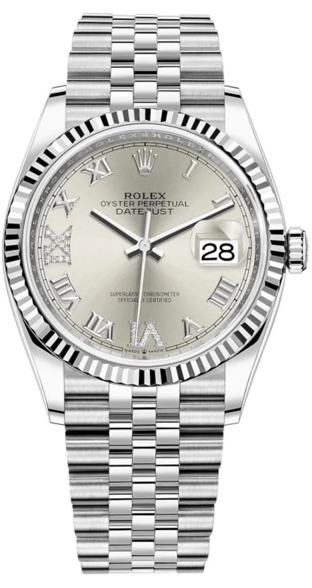 Rolex Datejust 36 Steel & White Gold Silver Diamond Pave Roman Dial Women's Watch M126234-0029