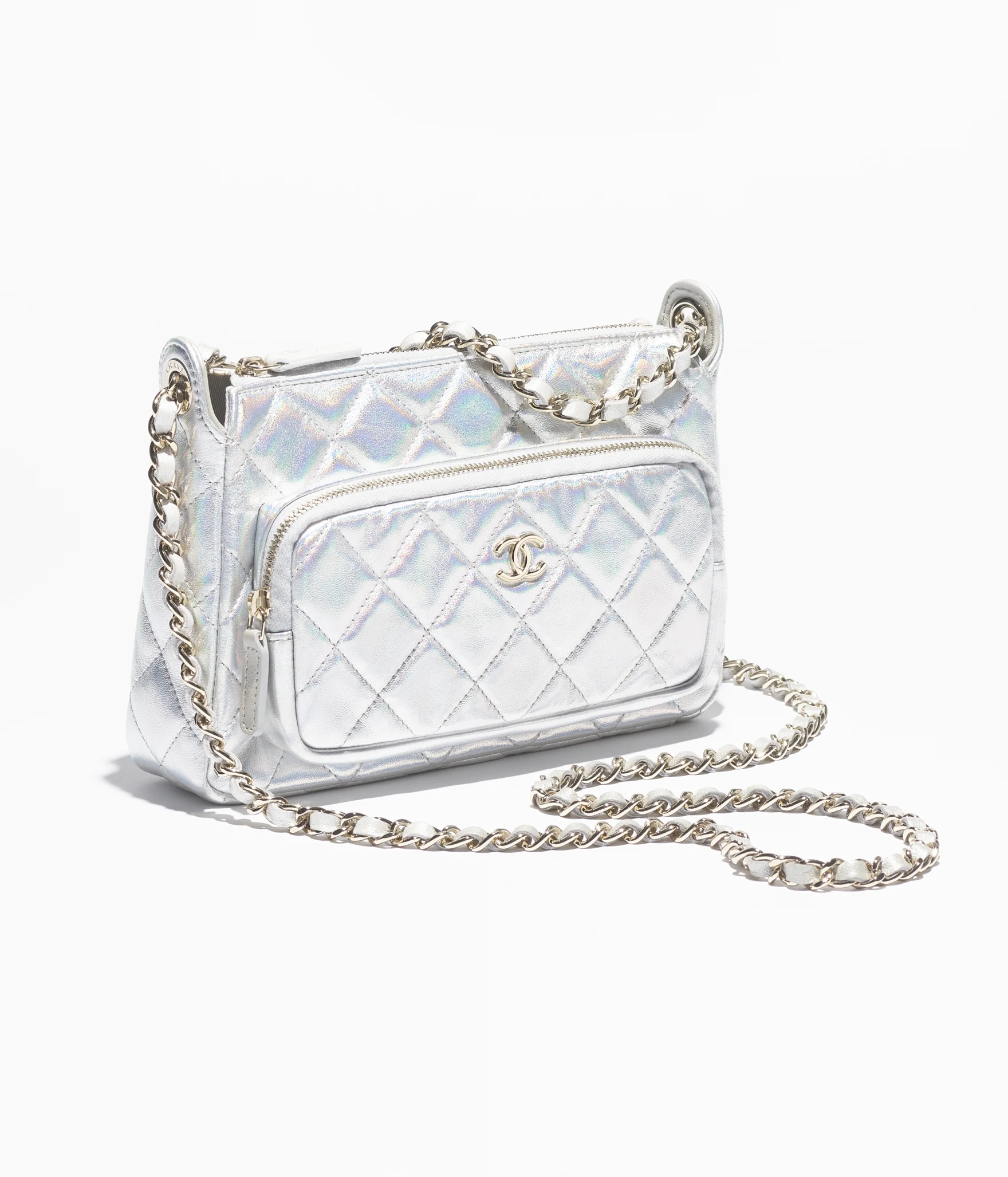 CLUTCH WITH CHAIN Iridescent Metallic Lambskin & Gold-Tone Metal Silver