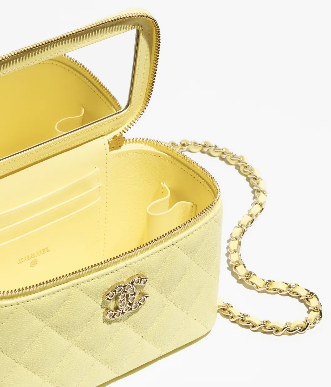 LONG VANITY WITH CHAIN Shiny Grained Calfskin, Strass & Gold-Tone Metal Light Yellow