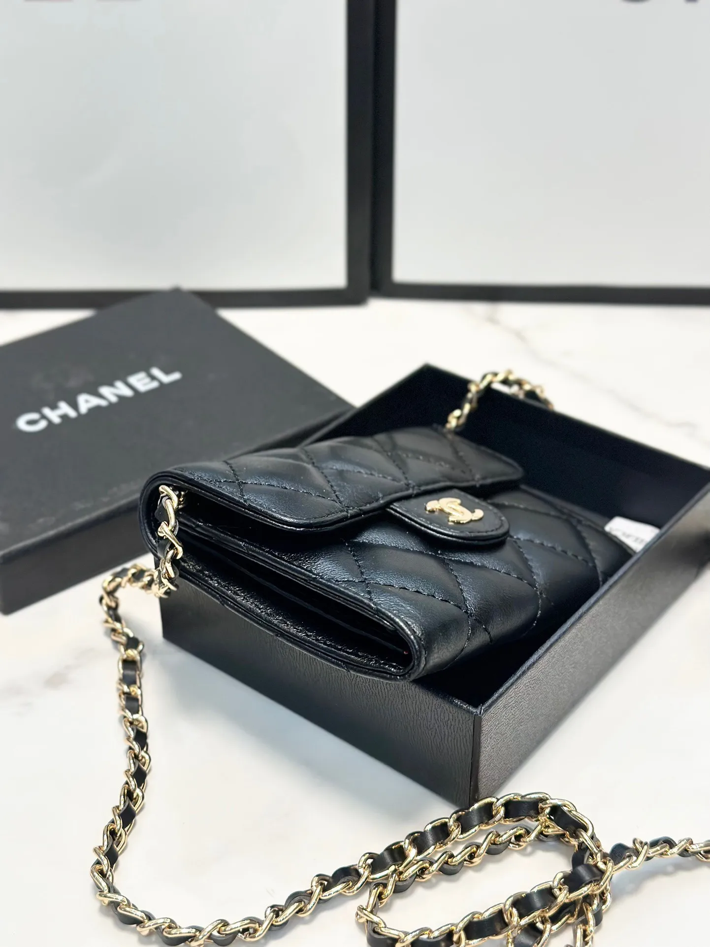 Classic Flap Chain Card Wallet Gold Metal Black