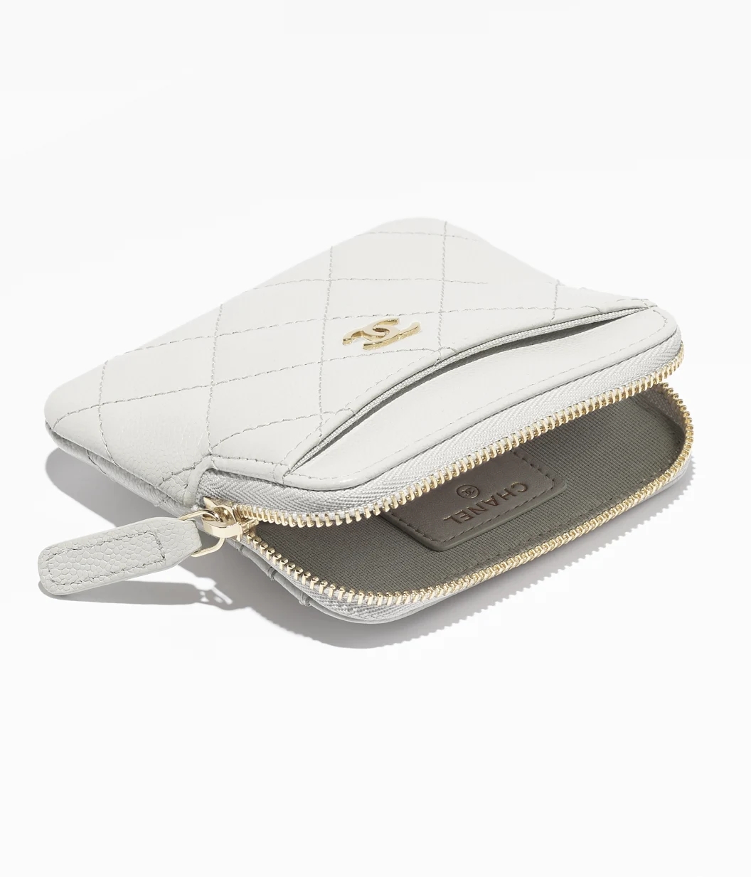 CLASSIC ZIPPED COIN PURSE Grained Shiny Calfskin & Gold-Tone Metal Light Gray