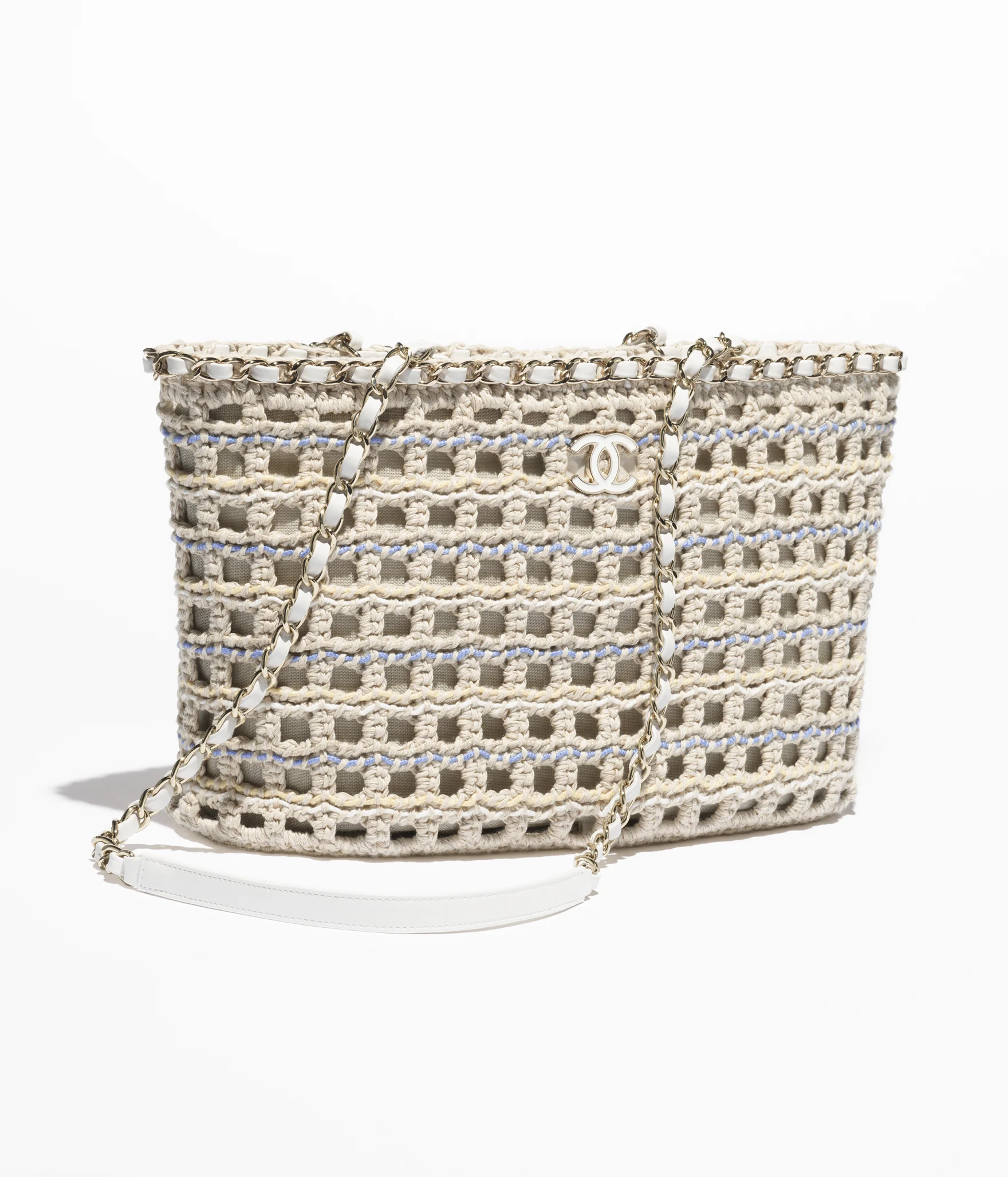 Small Shopping Bag Cotton Crochet & Gold-Tone Metal Beige, White, Blue & Yellow