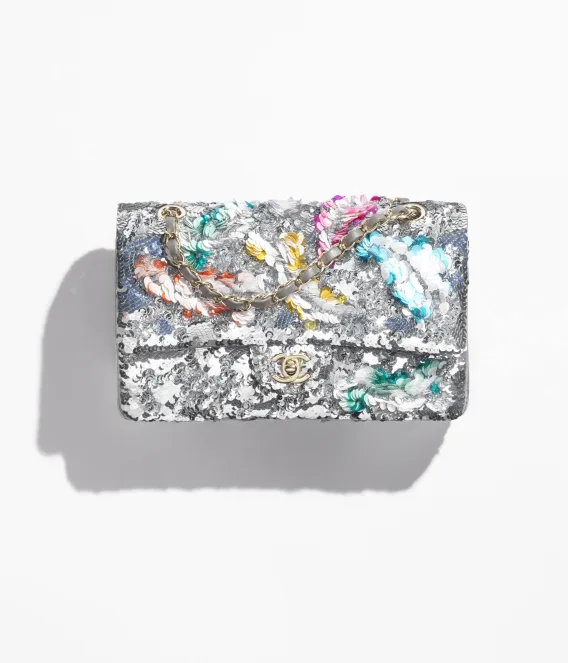 Classic 11.12 Handbag Embroidered Satin, Sequins, Glass Pearls & Silver-Tone Metal Silver & Multicolor