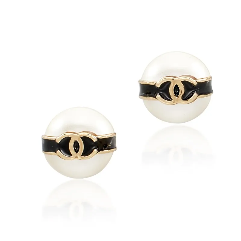 Black Lucite, Imitation Pearl and Gold Metal CC Earrings