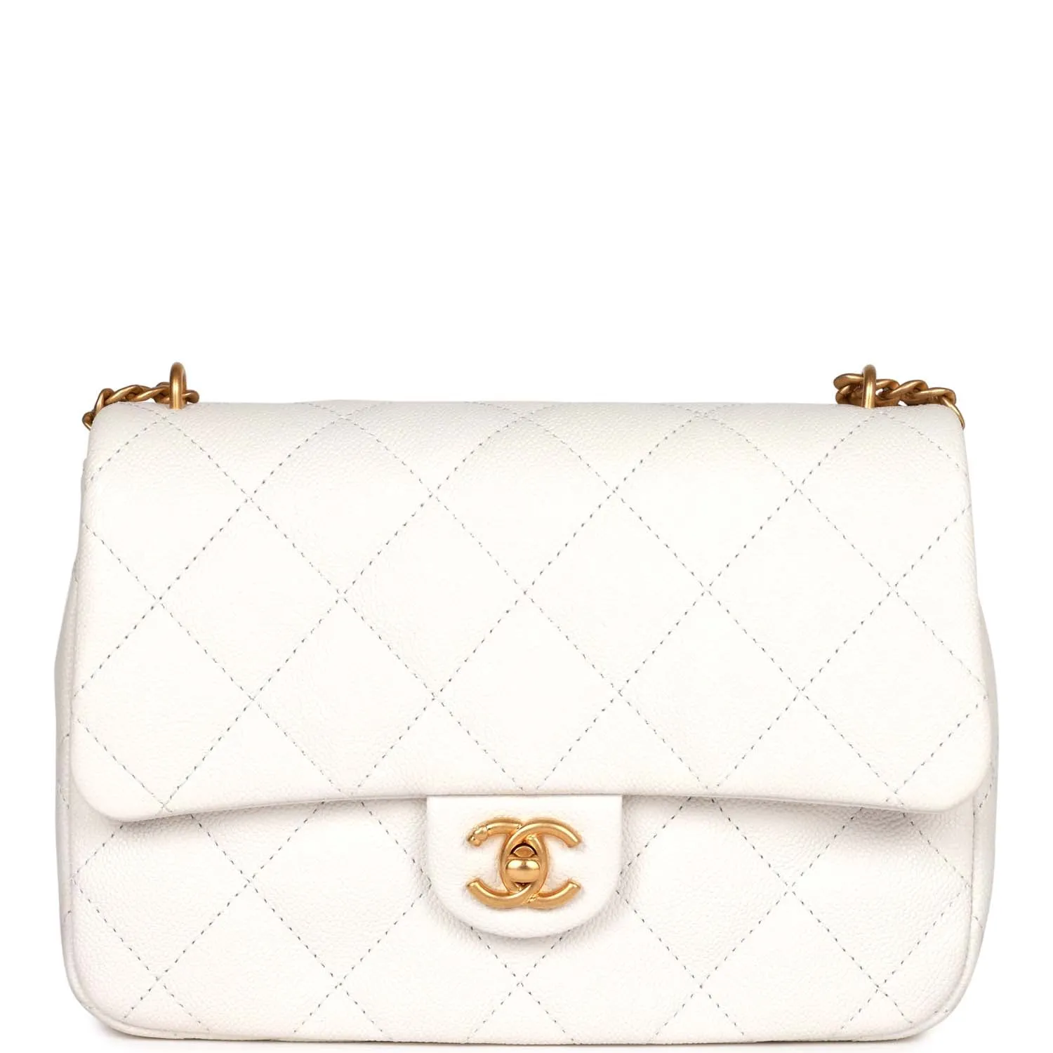 Large Single Flap White Caviar Leather Antique Gold Hardware