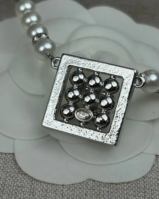 Square Pearl Double C Diamond Pearl Strand Necklace