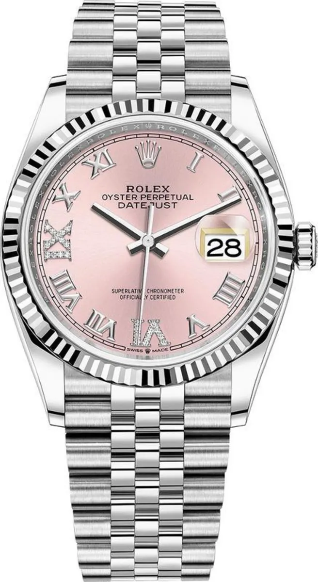 Rolex Datejust 36 Steel & White Gold Pink Diamond Pave Roman Dial Women's Watch M126234-0031