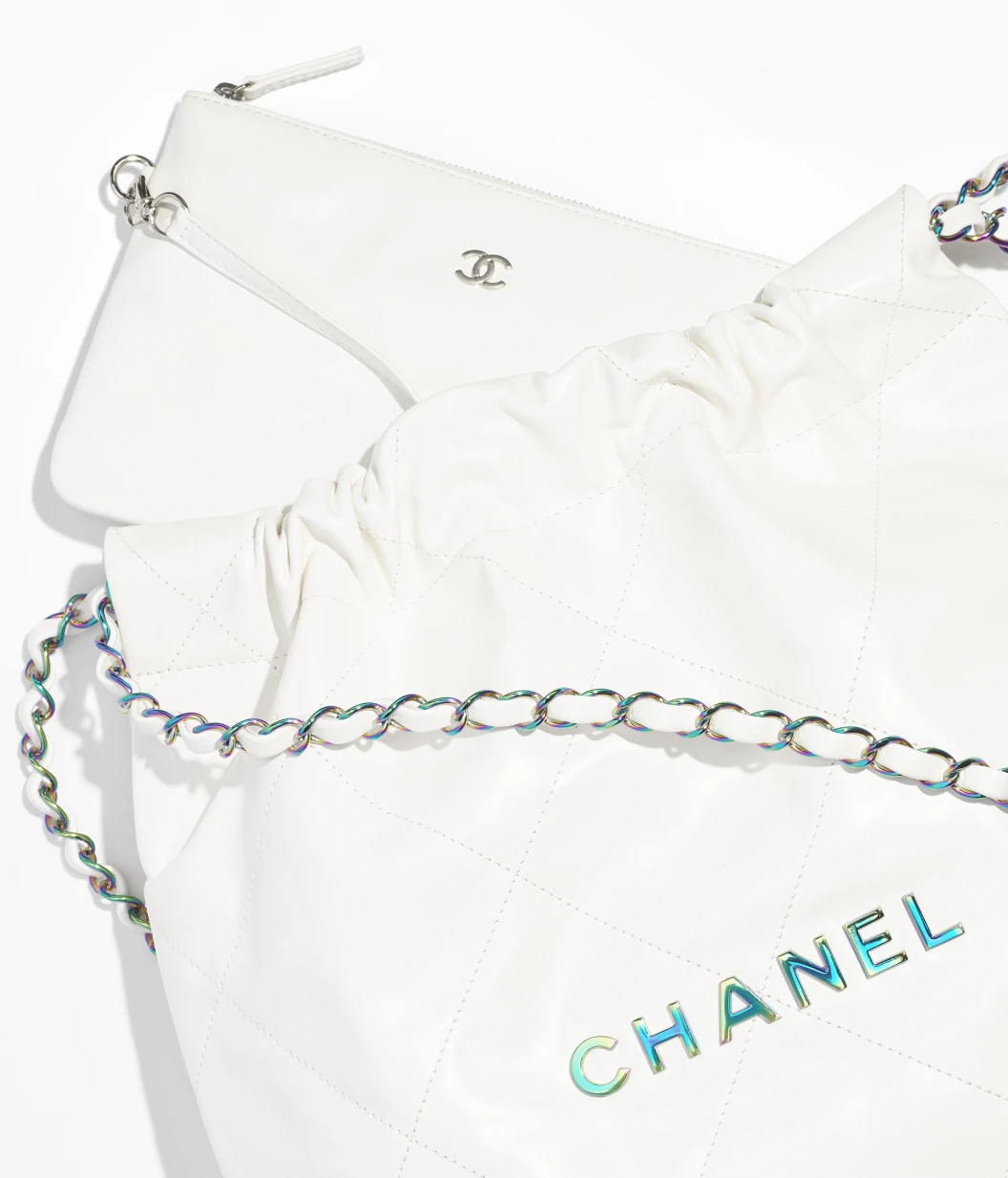 CHANEL 22 Small Handbag Shiny Calfskin & Rainbow Metal White