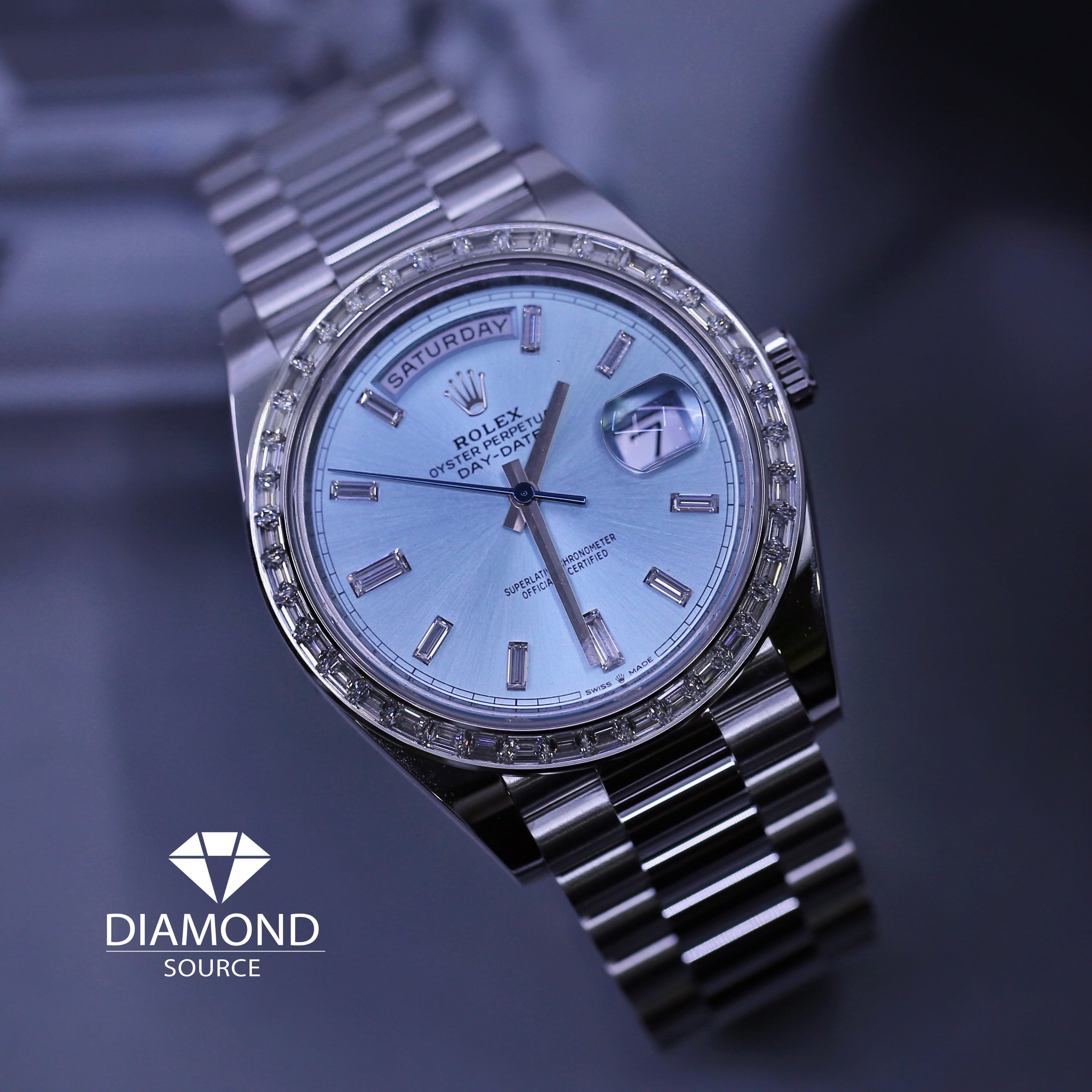 Rolex Day-Date 40 Presidential Platinum Watch, Blue dial, Diamond Bezel, President bracelet, 2022 model 228396tbr-0002