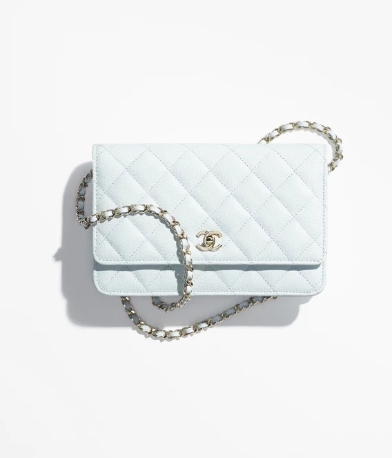 CLASSIC WALLET ON CHAIN Grained Shiny Calfskin & Gold-Tone Metal Light Blue