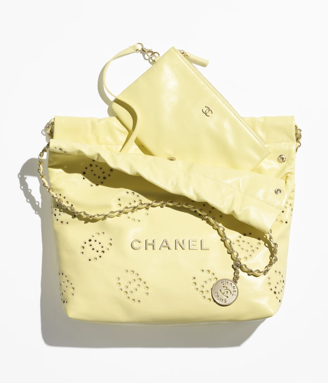 CHANEL 22 Small Handbag Shiny Calfskin & Gold-Tone Metal Light Yellow
