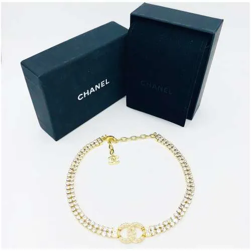 Authentic Heavy Gilt Necklace CC Logo set with Seed Pearls and Crystals