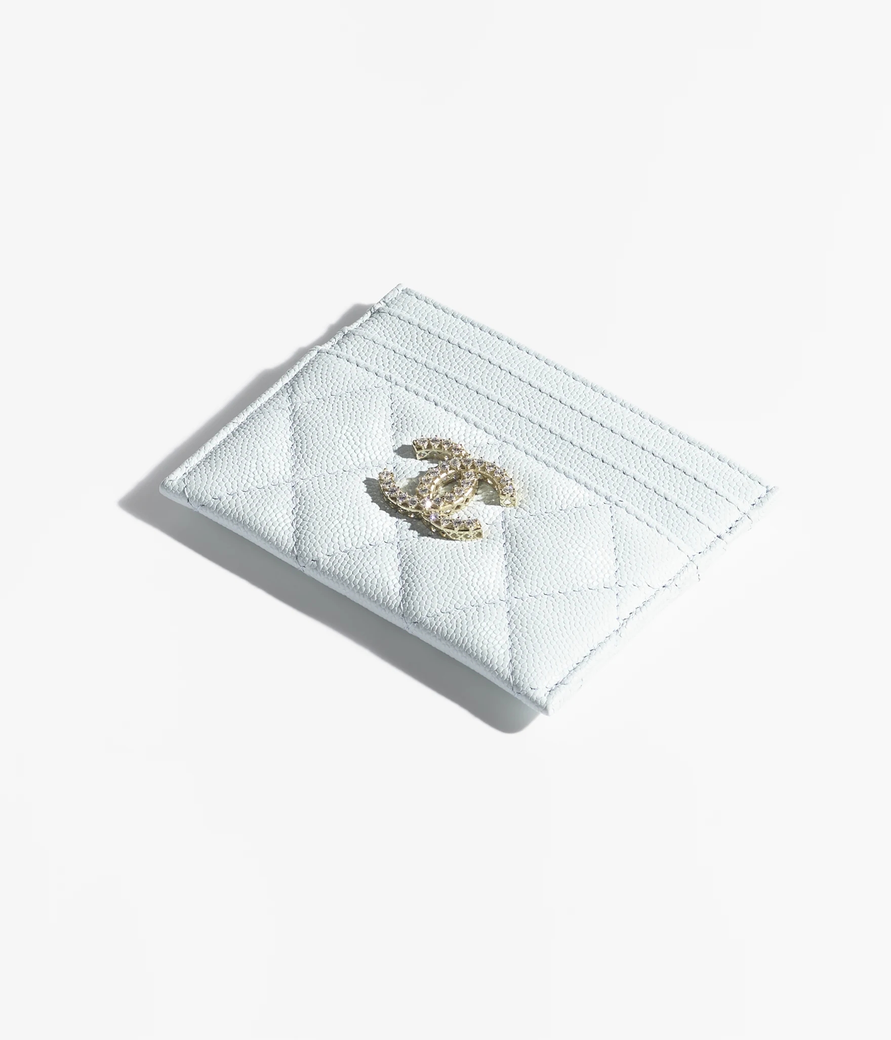 CARD HOLDER Shiny Grained Calfskin, Strass & Gold-Tone Metal Light Blue