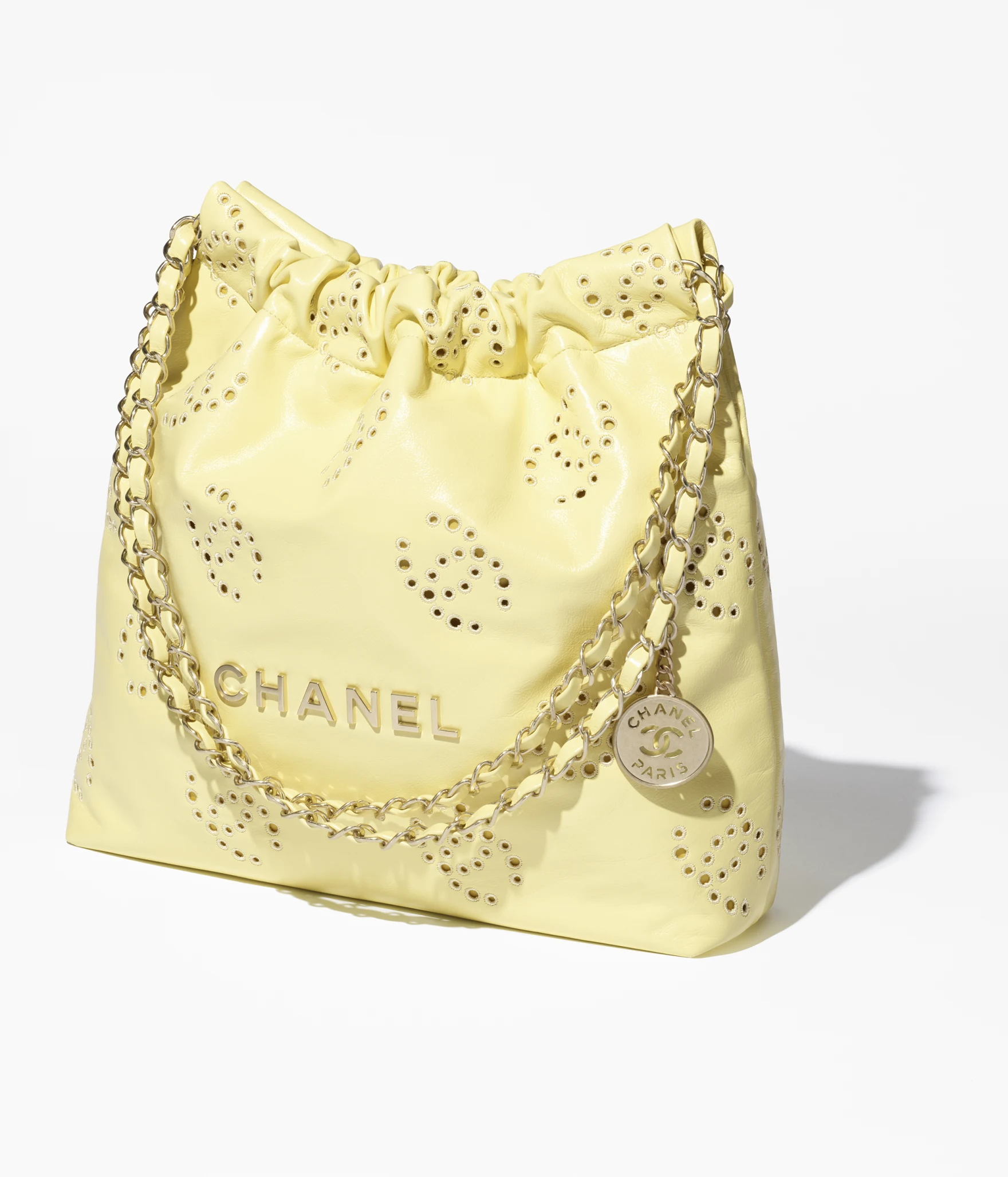 CHANEL 22 Small Handbag Shiny Calfskin & Gold-Tone Metal Light Yellow