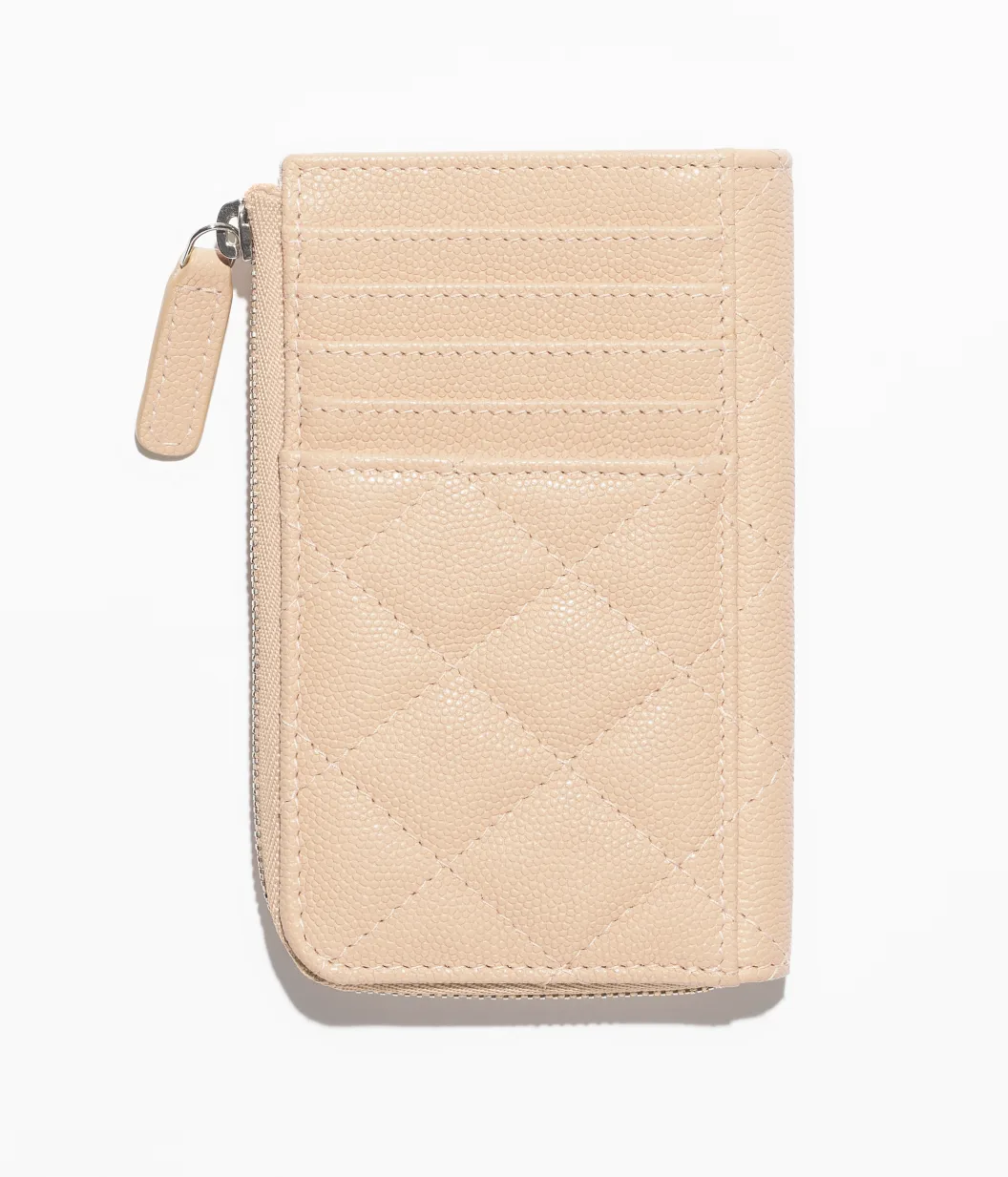 Zipped Card Holder Shiny Grained Calfskin & Silver-Tone Metal Beige