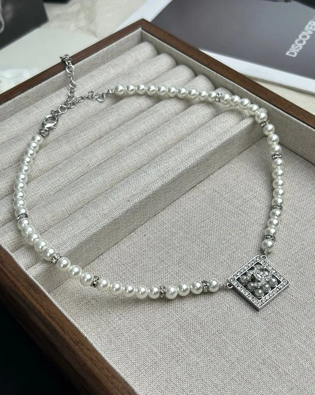 Square Pearl Double C Diamond Pearl Strand Necklace