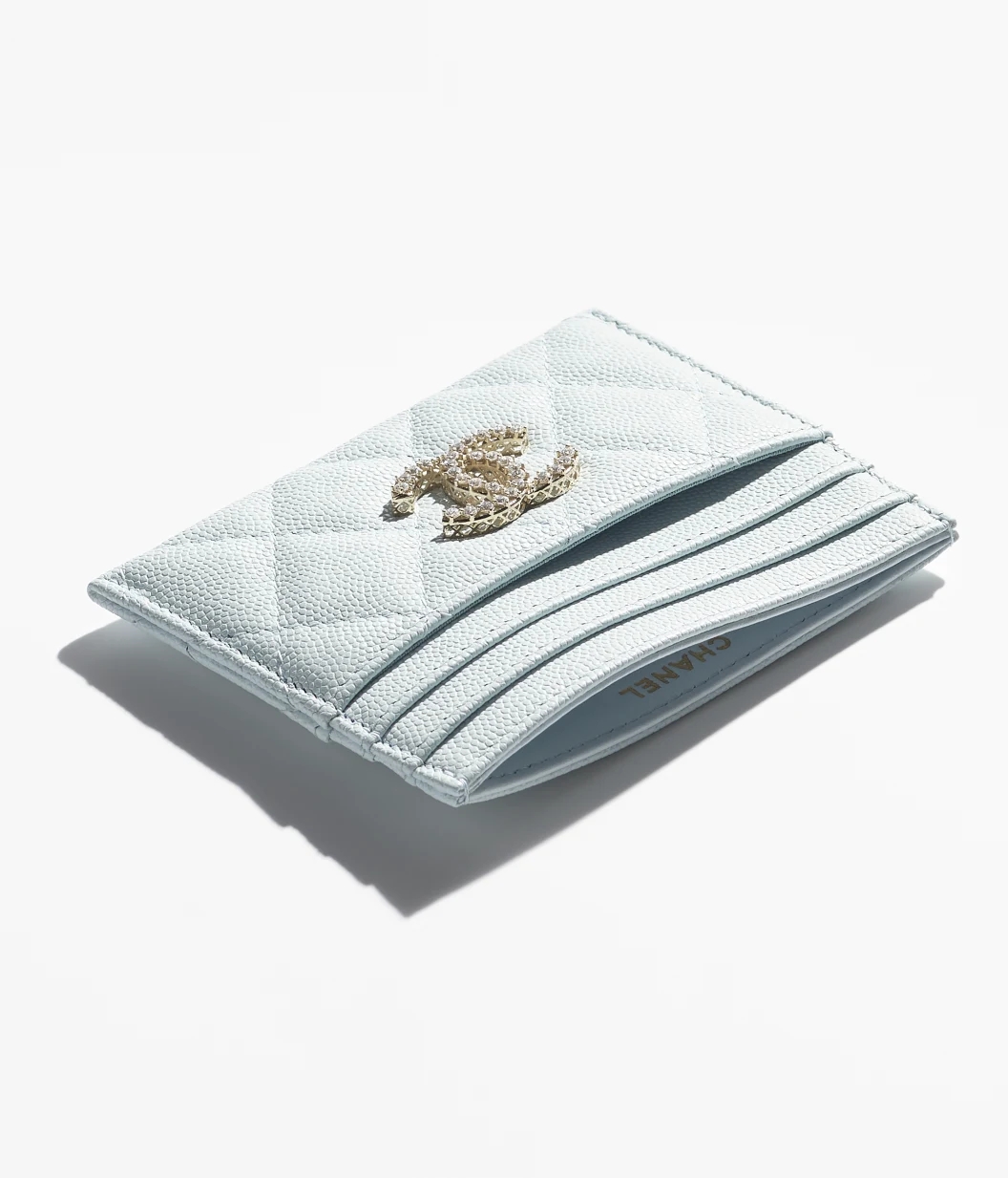 CARD HOLDER Shiny Grained Calfskin, Strass & Gold-Tone Metal Light Blue