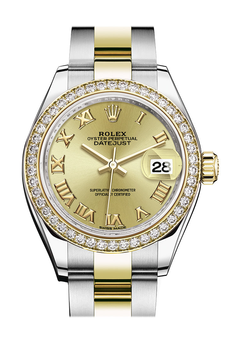Rolex Datejust 28 Champagne Roman Dial Diamond Bezel Yellow Gold Ladies Watch 279383RBR 279383
