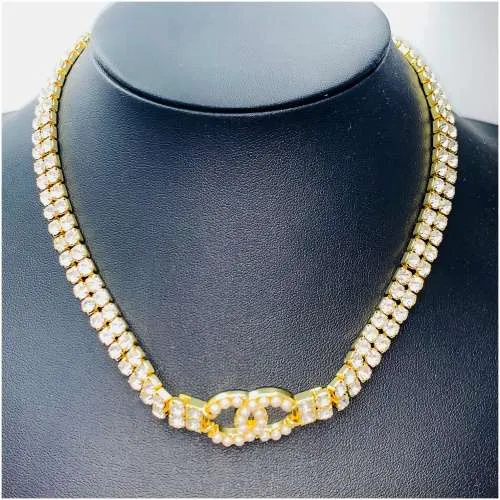 Authentic Heavy Gilt Necklace CC Logo set with Seed Pearls and Crystals