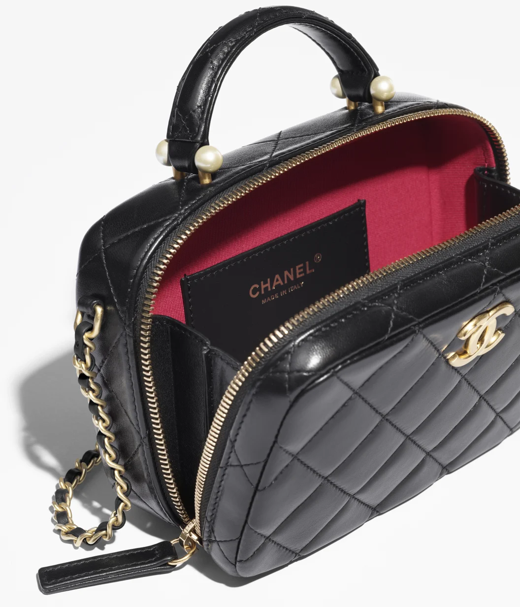 Small Vanity Case Shiny Lambskin, Imitation Pearls & Gold-Tone Metal Black