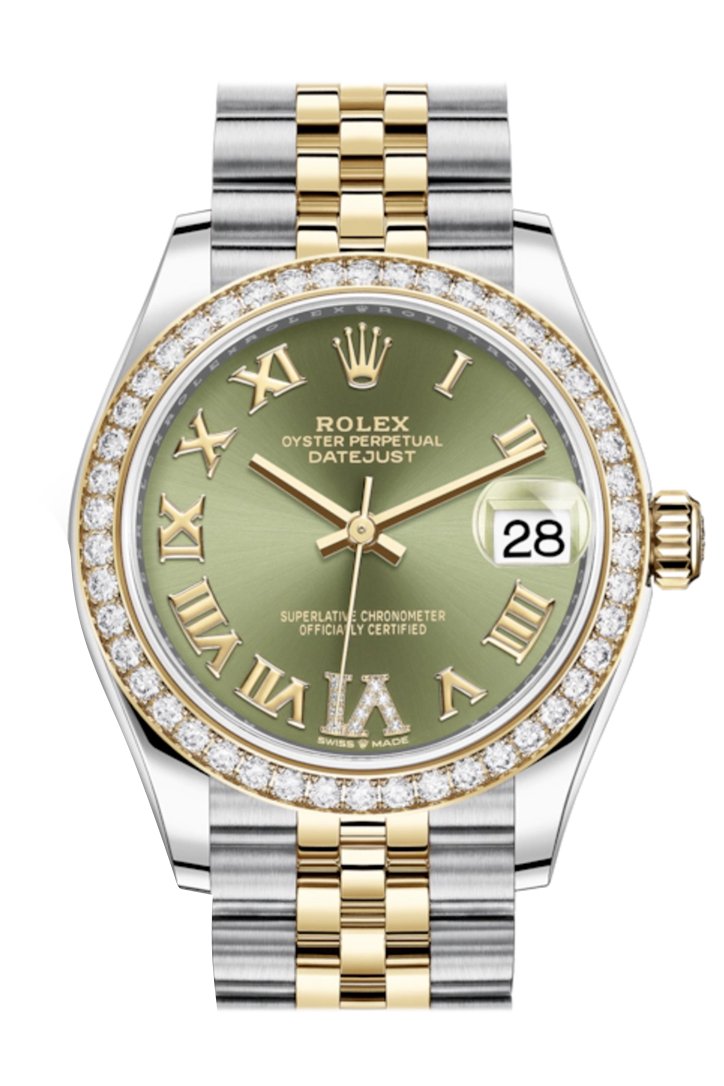 Rolex Datejust 31 Olive green VI Diamonds Dial Diamond Bezel Yellow Gold Two Tone Jubilee Watch 278383RBR 278383