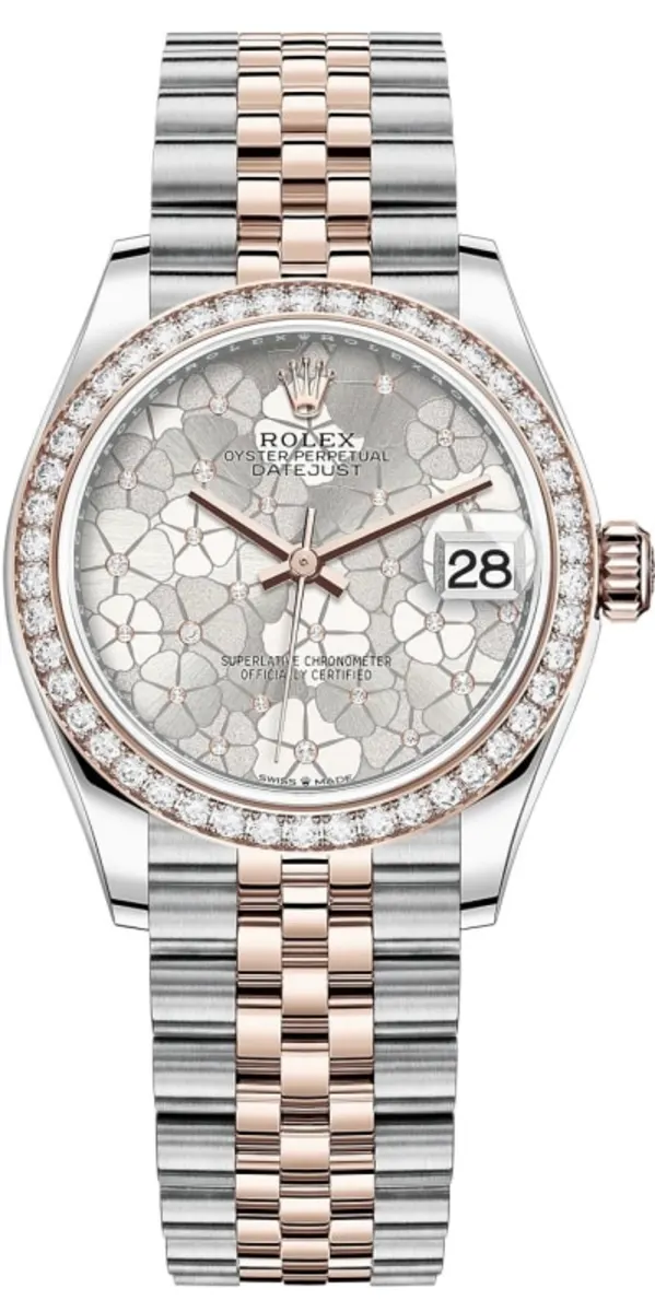 Rolex Datejust 31 Stainless Steel and Rose Gold Silver Floral-Motif Diamond Dial Diamond Bezel Women's Watch M278381RBR-0032