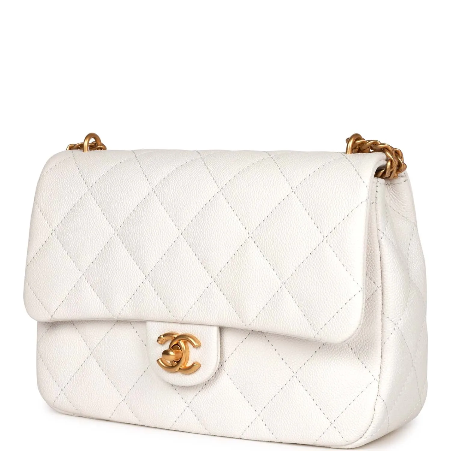 Large Single Flap White Caviar Leather Antique Gold Hardware