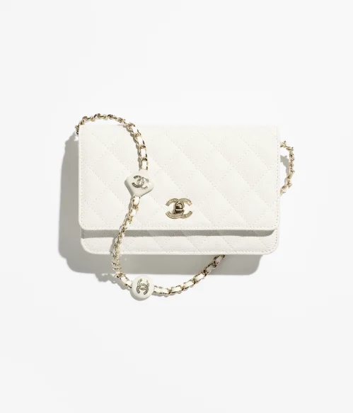 WALLET ON CHAIN Shiny Grained Calfskin, Enamel & Gold-Tone Metal White