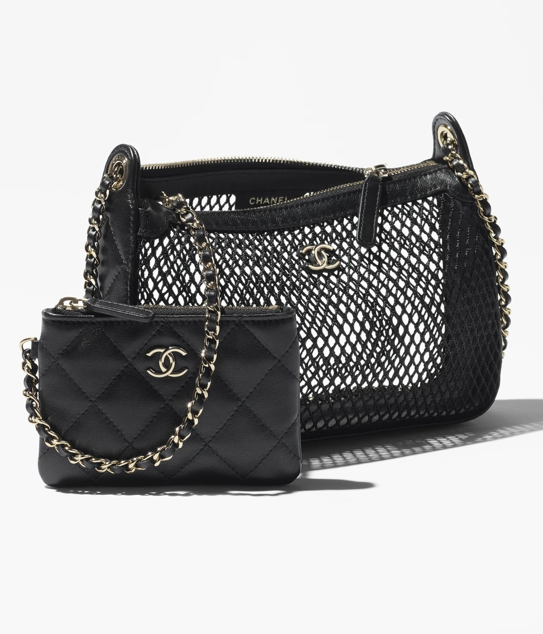 CLUTCH WITH CHAIN Mesh, Shiny Lambskin & Gold-Tone Metal Black