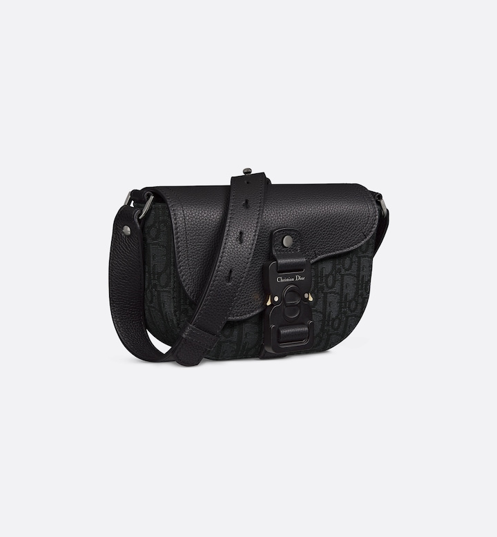 Mini Saddle Messenger Bag with Flap Black Oblique Jacquard and Black Grained Calfskin