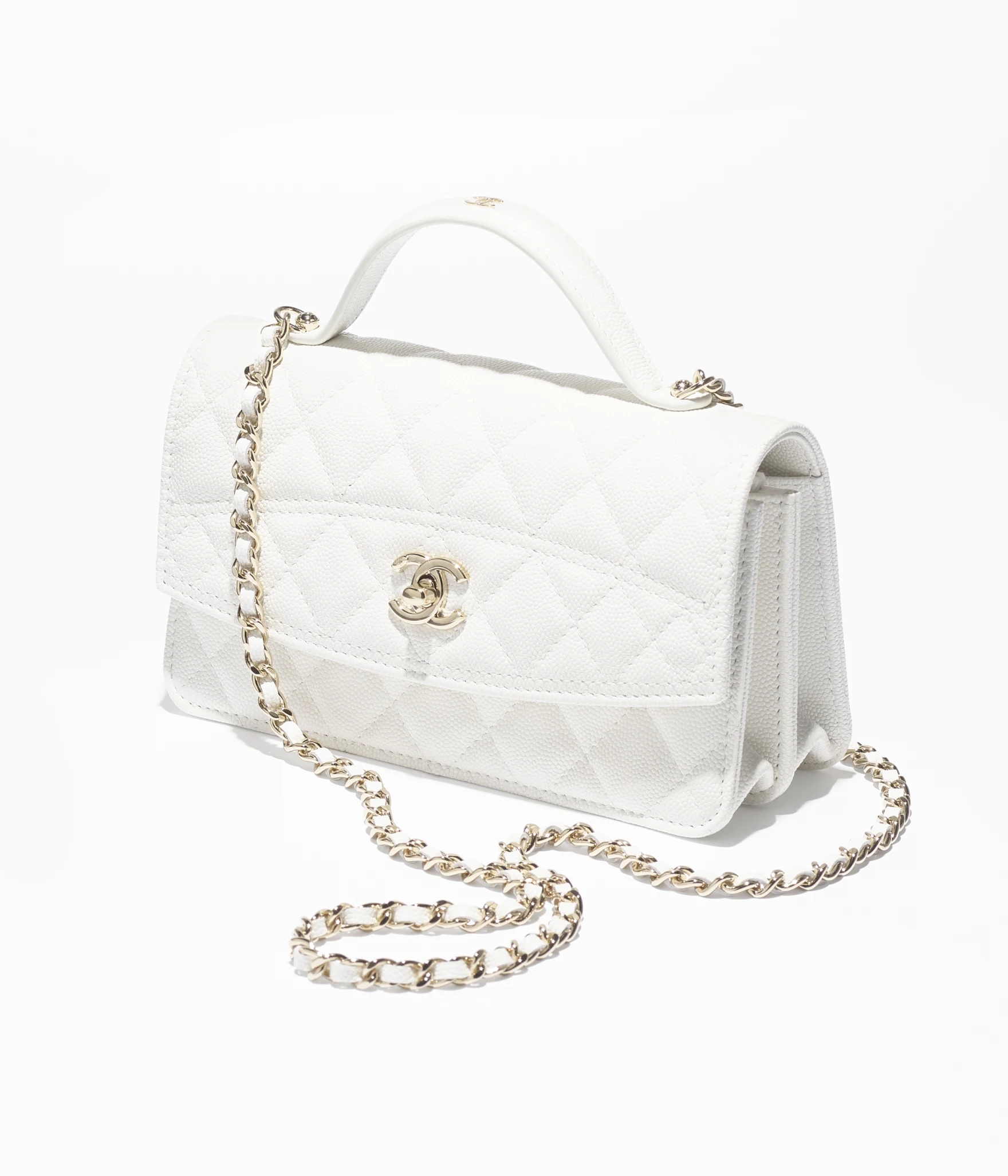 CLUTCH WITH CHAIN Grained Calfskin & Gold-Tone Metal White