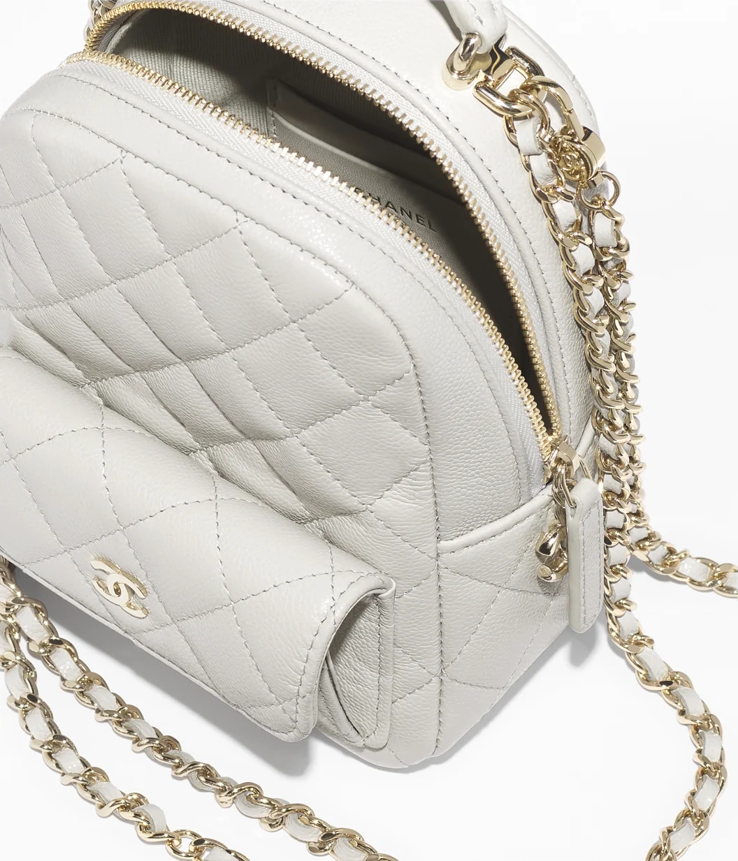 CLASSIC MINI BACKPACK Grained Shiny Calfskin & Gold-Tone Metal Light Gray