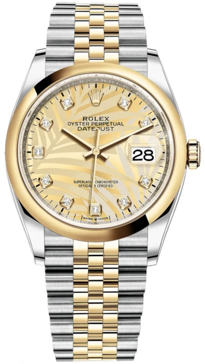 Rolex Datejust 36 Steel & Yellow Gold Golden Palm-Motif Diamond Dial Women's Watch M126203-0043